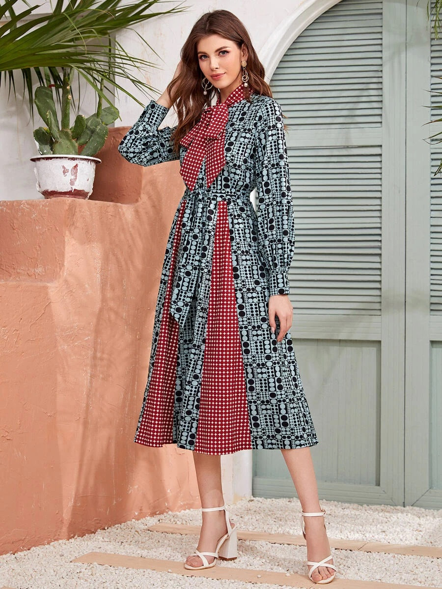 CM-DS402737 Women Elegant European Style Long Sleeve Tie Neck Allover Polka Dot A-Line Dress