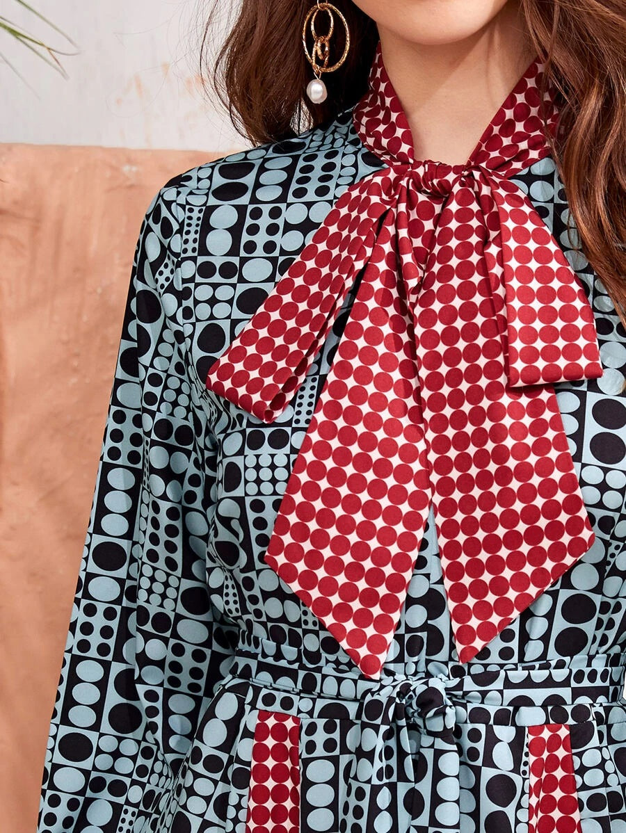 CM-DS402737 Women Elegant European Style Long Sleeve Tie Neck Allover Polka Dot A-Line Dress