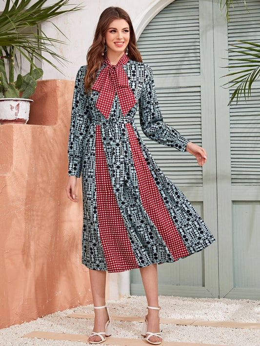 CM-DS402737 Women Elegant European Style Long Sleeve Tie Neck Allover Polka Dot A-Line Dress