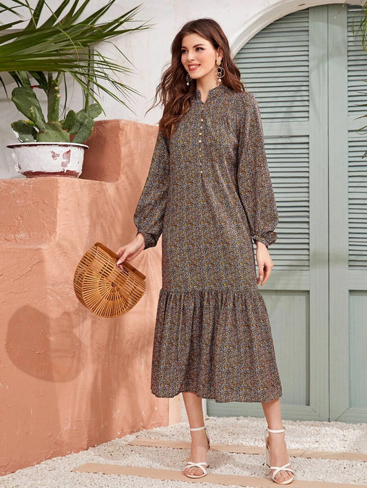 CM-DS401275 Women Elegant European Style Long Sleeve Ditsy Floral Button Front Smock Dress