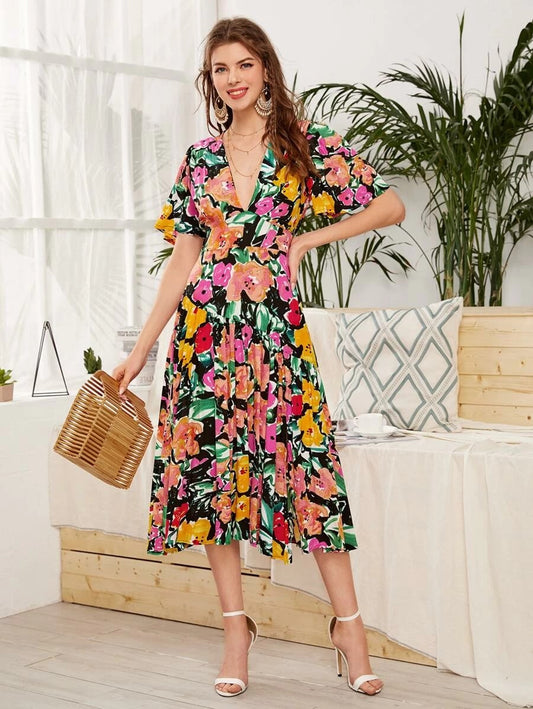 CM-DS326130 Women Trendy Bohemian Style Floral Print Deep V-Neck Split Hem A-Line Dress