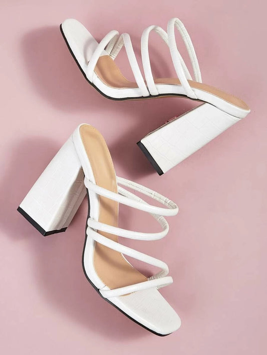 CM-SHS410433 Women Trendy Seoul Style Croc Embossed Strappy Chunky Heeled Mules - White