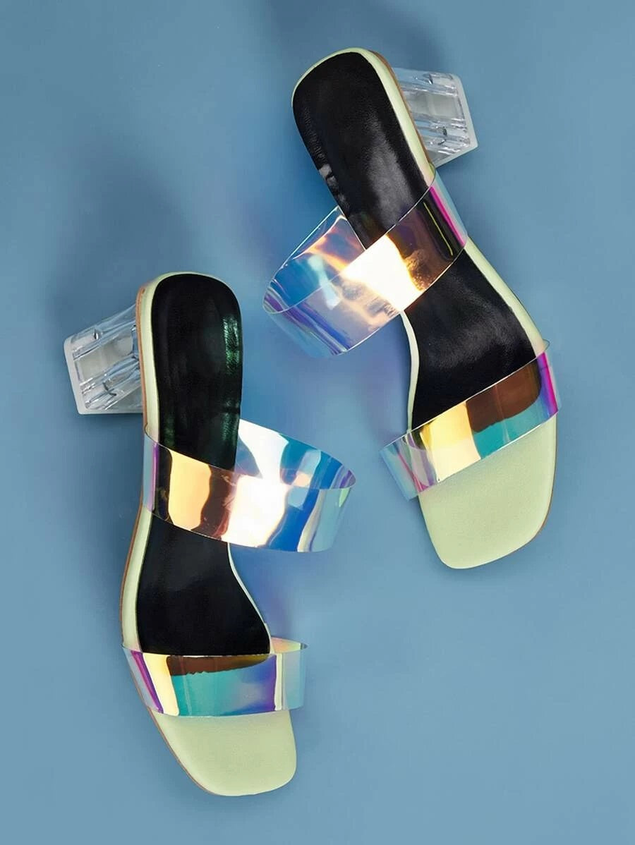 CM-SHS410851 Women Casual Seoul Style Holographic Double Band Chunky Heeled Mules