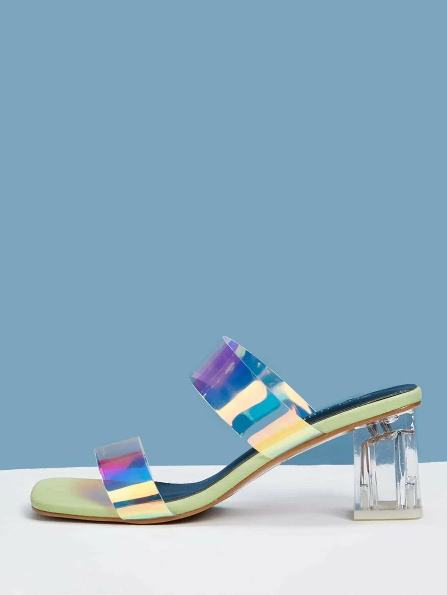 CM-SHS410851 Women Casual Seoul Style Holographic Double Band Chunky Heeled Mules