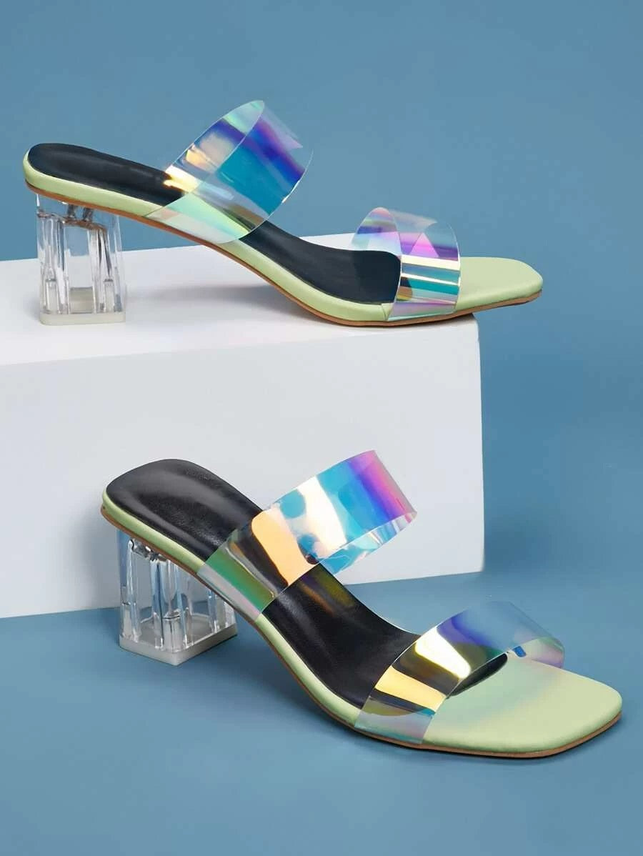 CM-SHS410851 Women Casual Seoul Style Holographic Double Band Chunky Heeled Mules