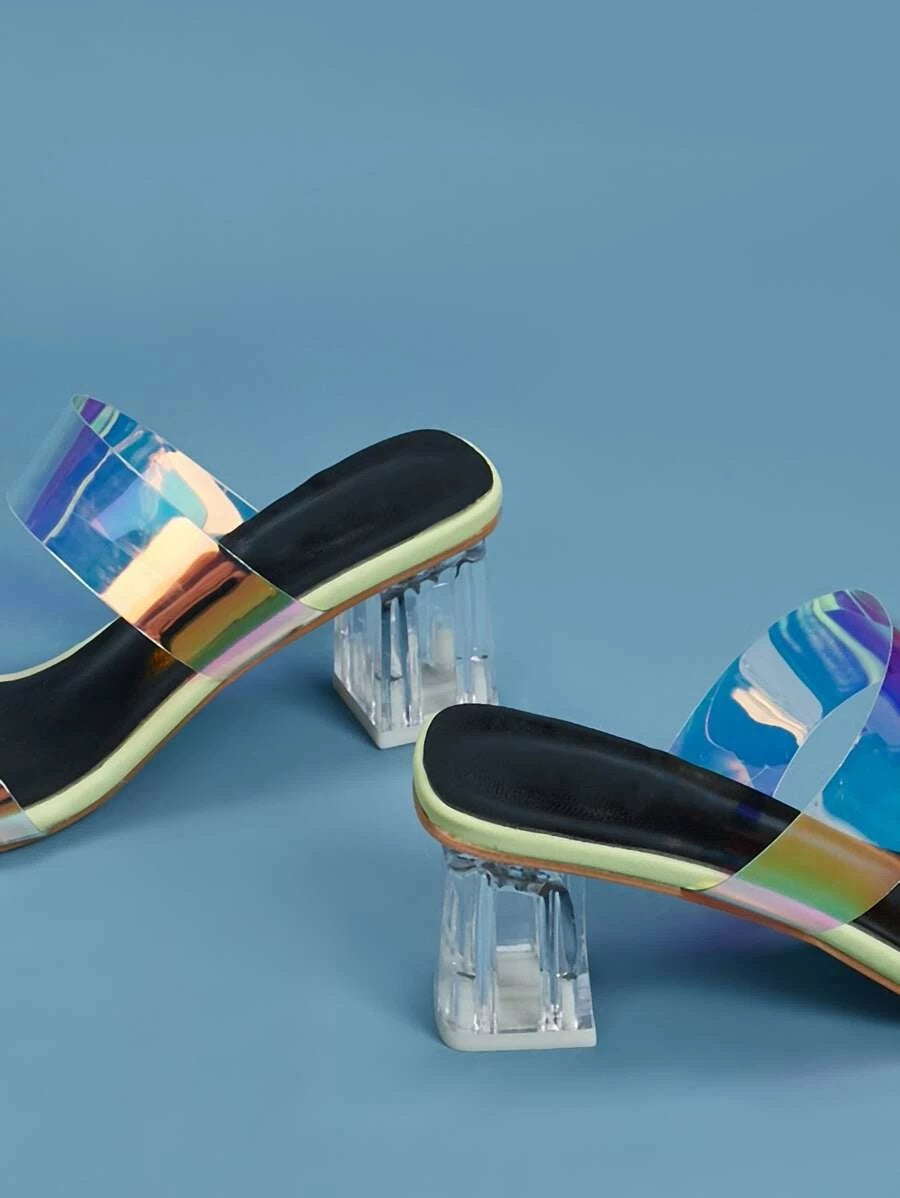 CM-SHS410851 Women Casual Seoul Style Holographic Double Band Chunky Heeled Mules