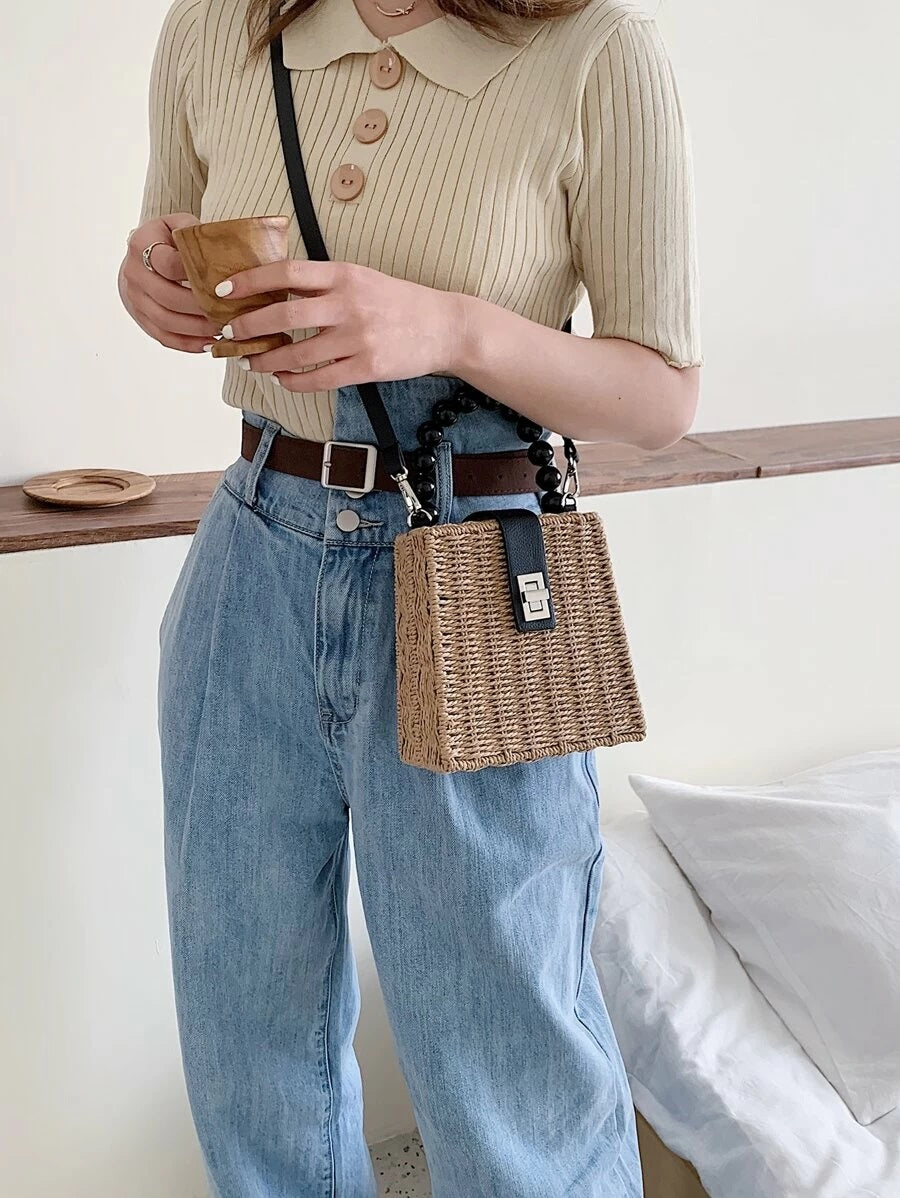 CM-BGS410101 Women Trendy Seoul Style Braided Satchel Bag - Khaki