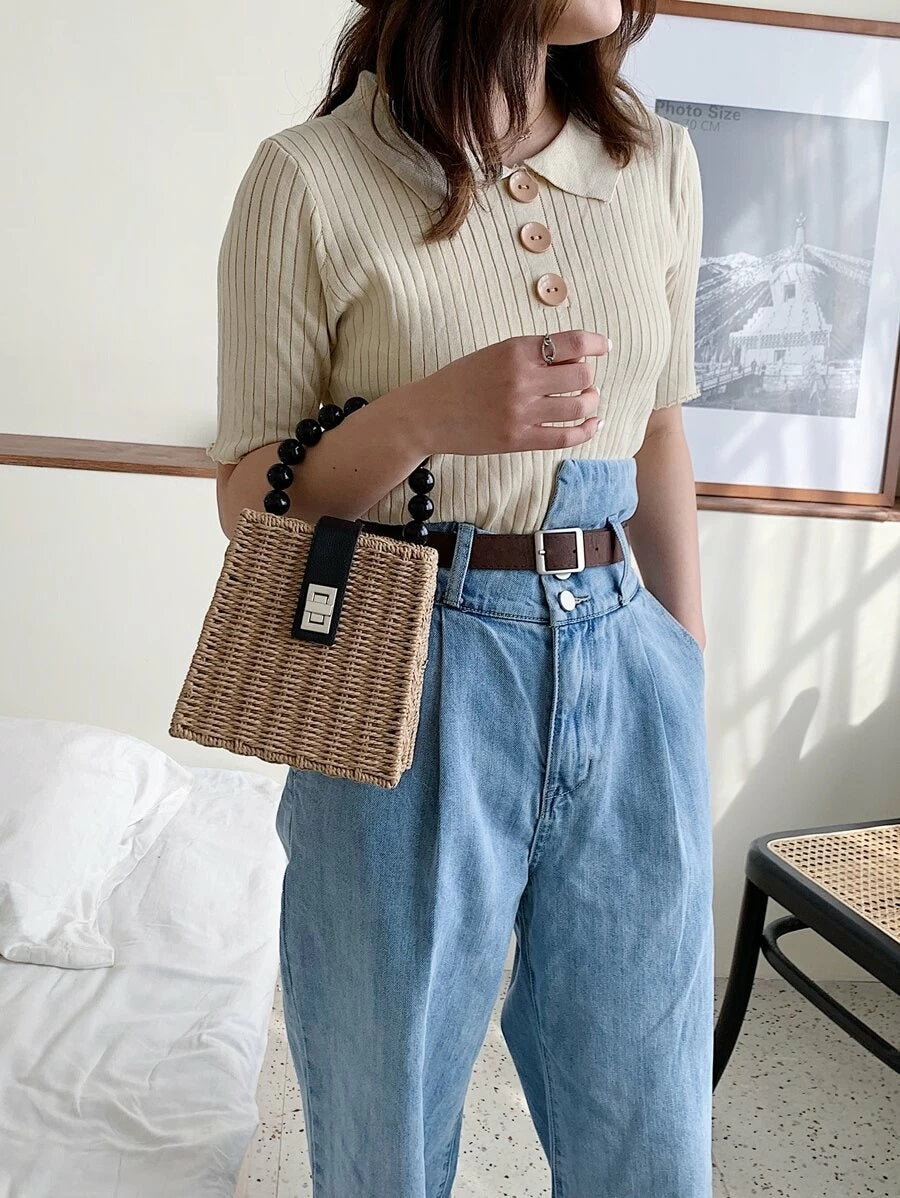 CM-BGS410101 Women Trendy Seoul Style Braided Satchel Bag - Khaki