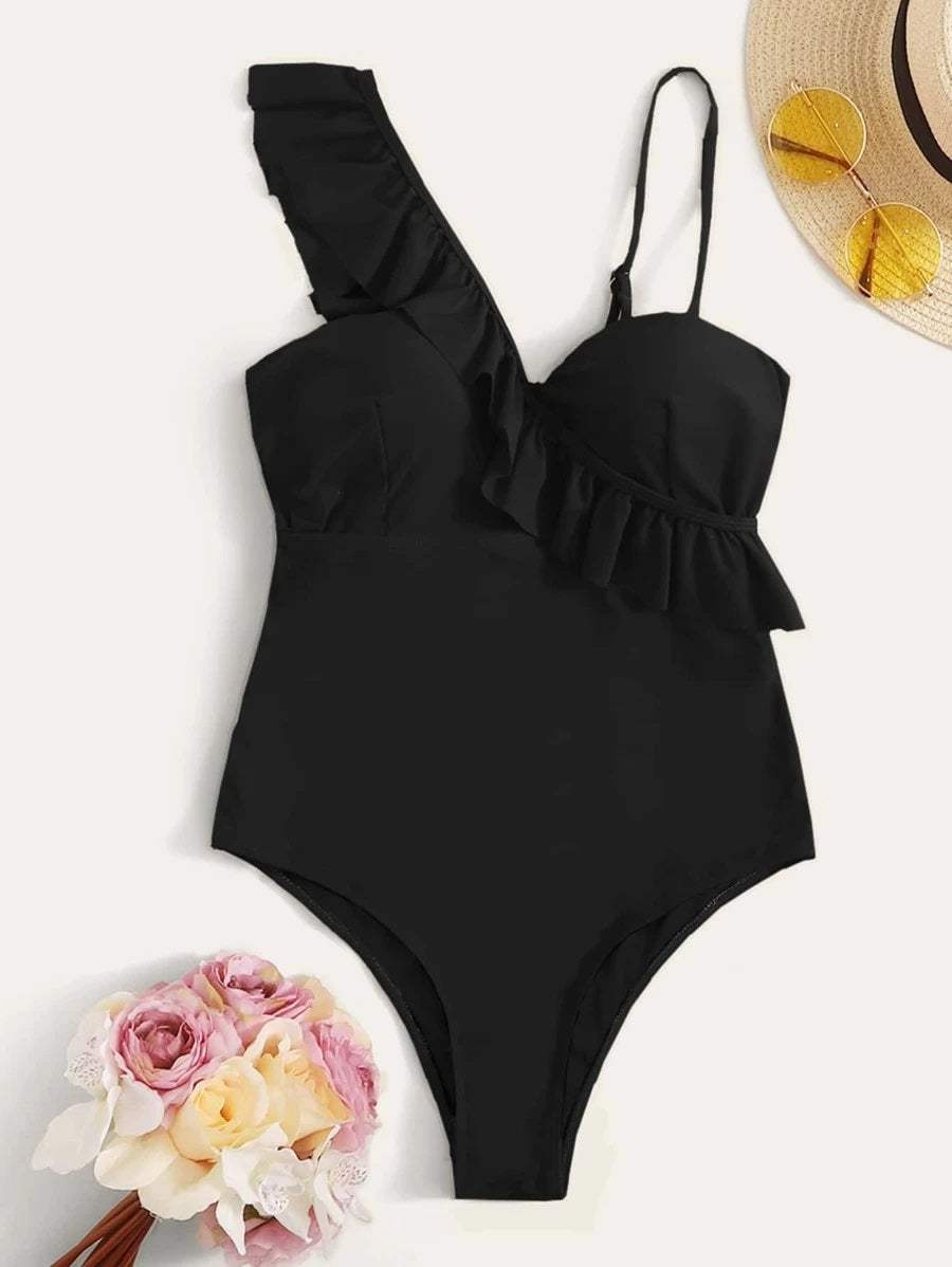 CM-SWS409023 Women Trendy Seoul Style Ruffle Trim Underwired One Piece Swimsuit - Black