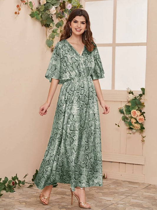 CM-DS406248 Women Casual Seoul Style V-Neck Snakeskin Print Flutter Sleeve Maxi Dress