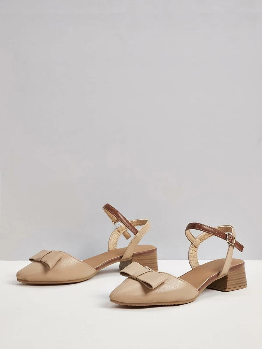 CM-SHS403038 Women Casual Seoul Style Bow Decor Ankle Strap Chunky Heels - Khaki