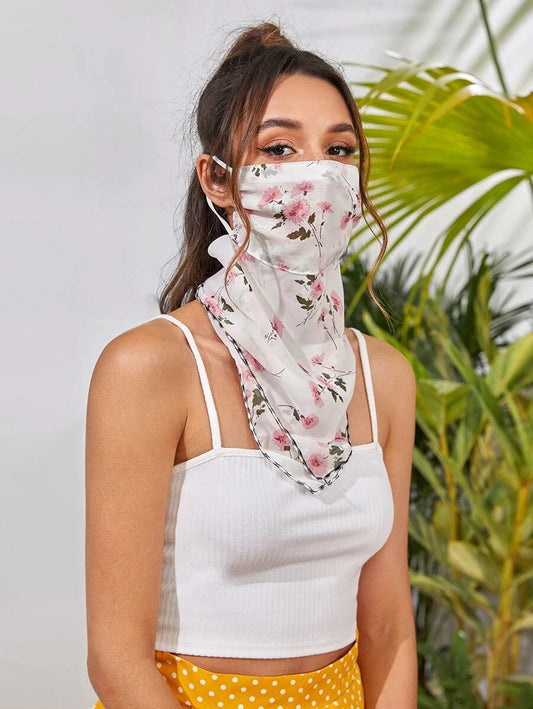 CM-FS325889 Women Floral Pattern Silk Scarf Mask