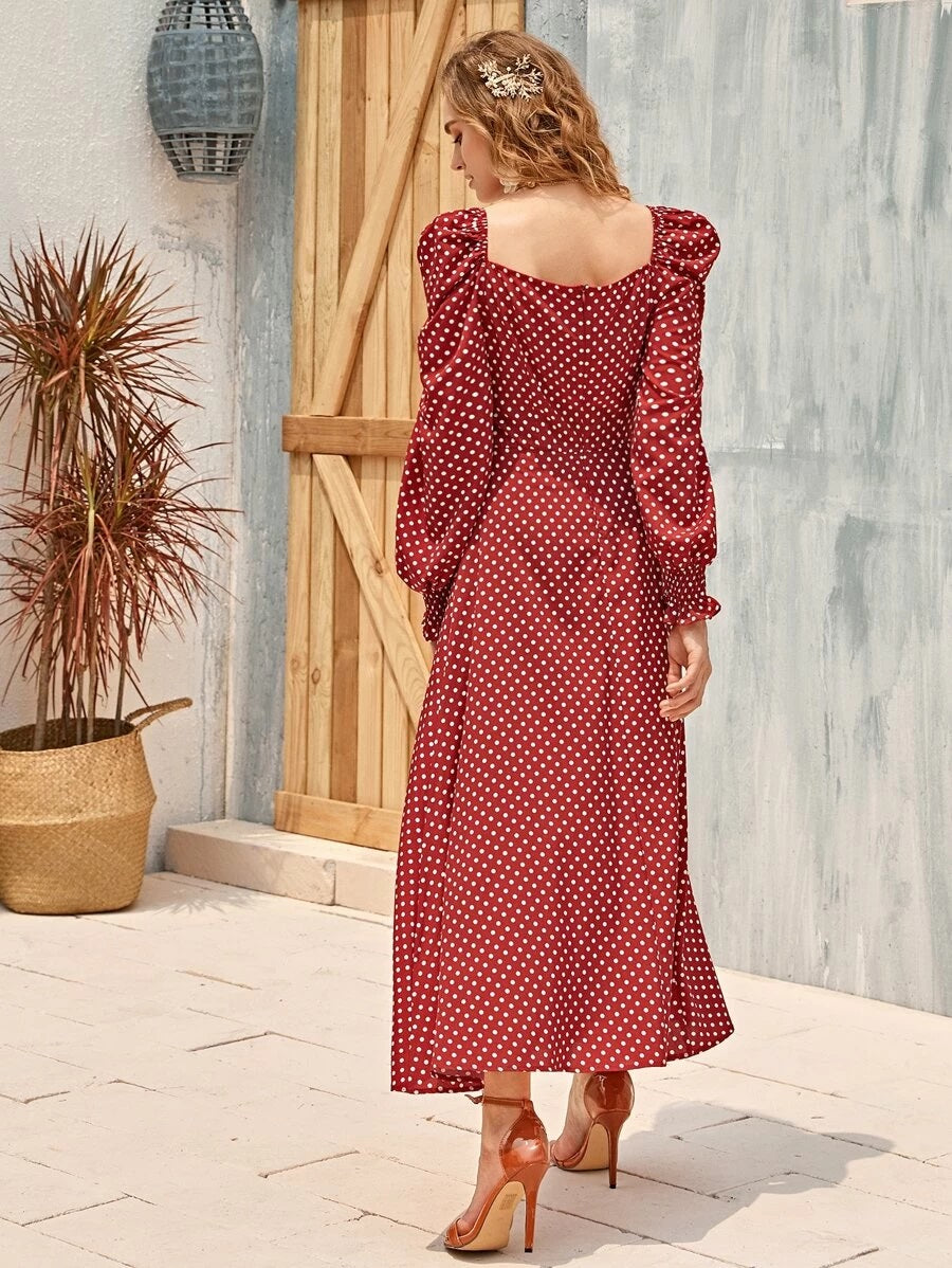 CM-DS319737 Women Elegant Seoul Style Shirred Cuff Lantern Sleeve Polka Dot Bustier Dress- Wine Red