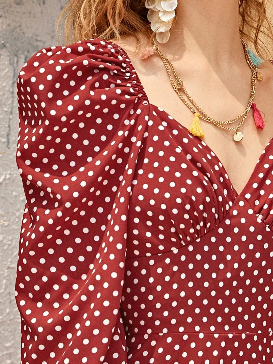 CM-DS319737 Women Elegant Seoul Style Shirred Cuff Lantern Sleeve Polka Dot Bustier Dress- Wine Red