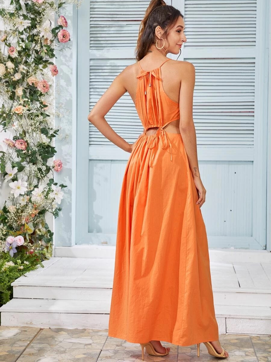 CM-DS402436 Women Trendy Bohemian Style Tie Back Crisscross Peekaboo Long Dress - Orange