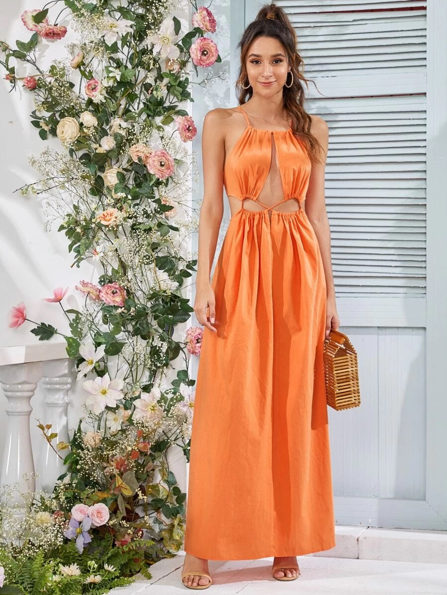 CM-DS402436 Women Trendy Bohemian Style Tie Back Crisscross Peekaboo Long Dress - Orange