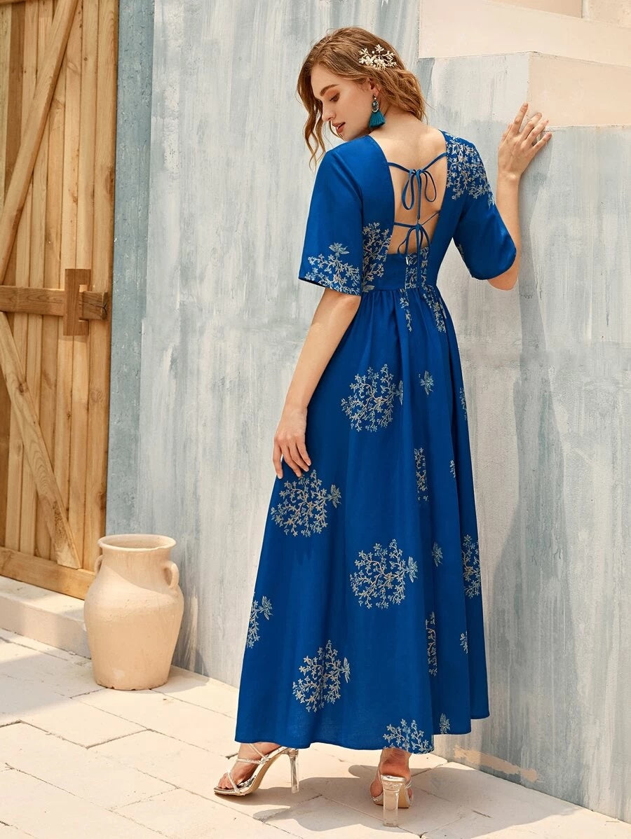 CM-DS330291 Women Trendy Bohemian Style Tied Backless Floral Print A-Line Maxi Dress - Blue