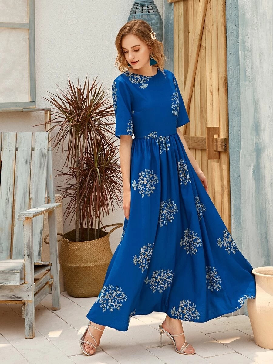 CM-DS330291 Women Trendy Bohemian Style Tied Backless Floral Print A-Line Maxi Dress - Blue