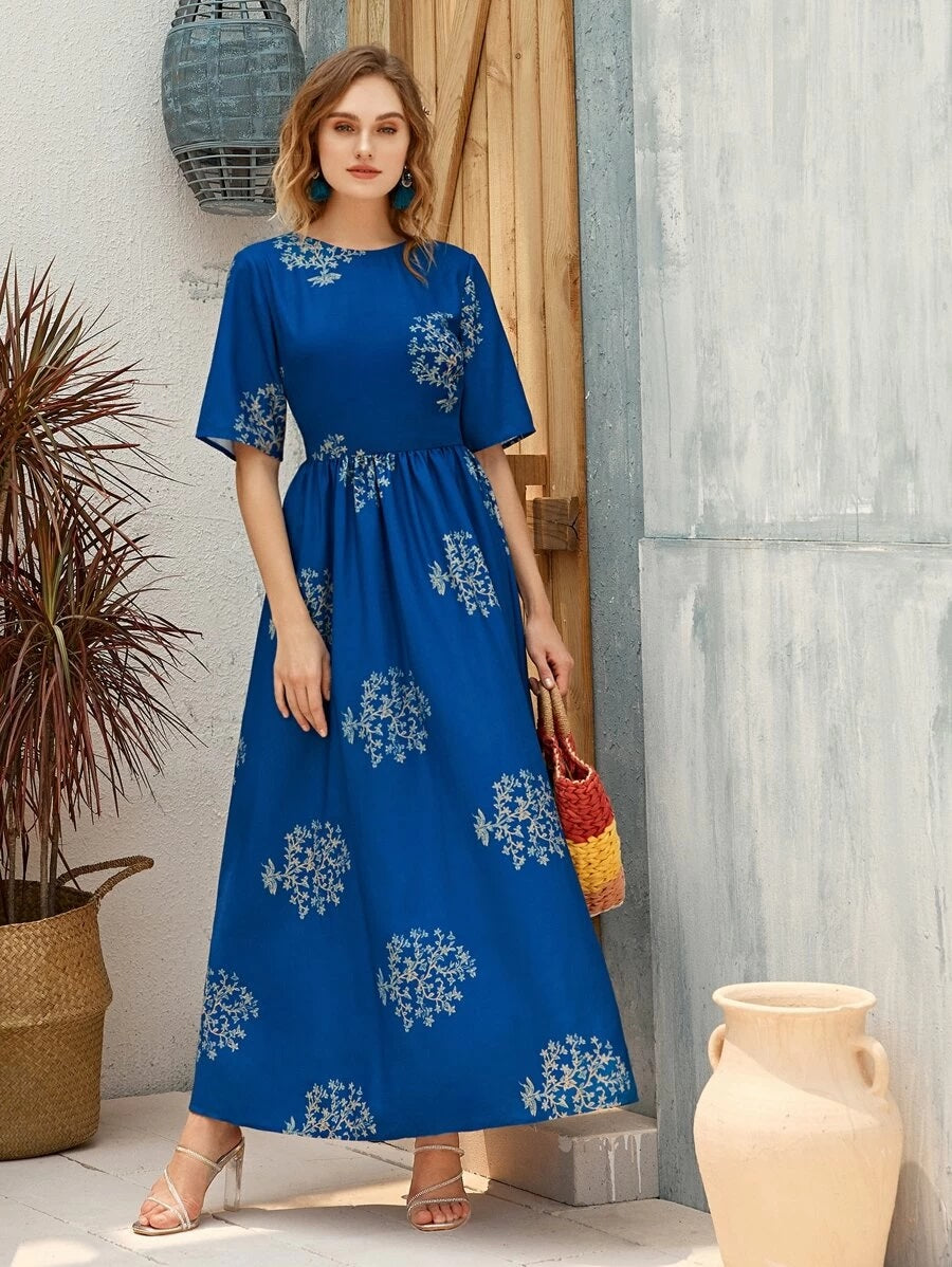 CM-DS330291 Women Trendy Bohemian Style Tied Backless Floral Print A-Line Maxi Dress - Blue