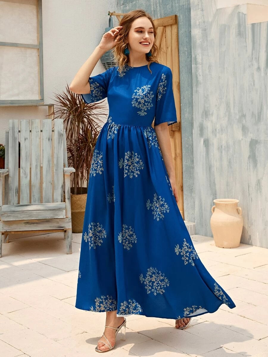 CM-DS330291 Women Trendy Bohemian Style Tied Backless Floral Print A-Line Maxi Dress - Blue