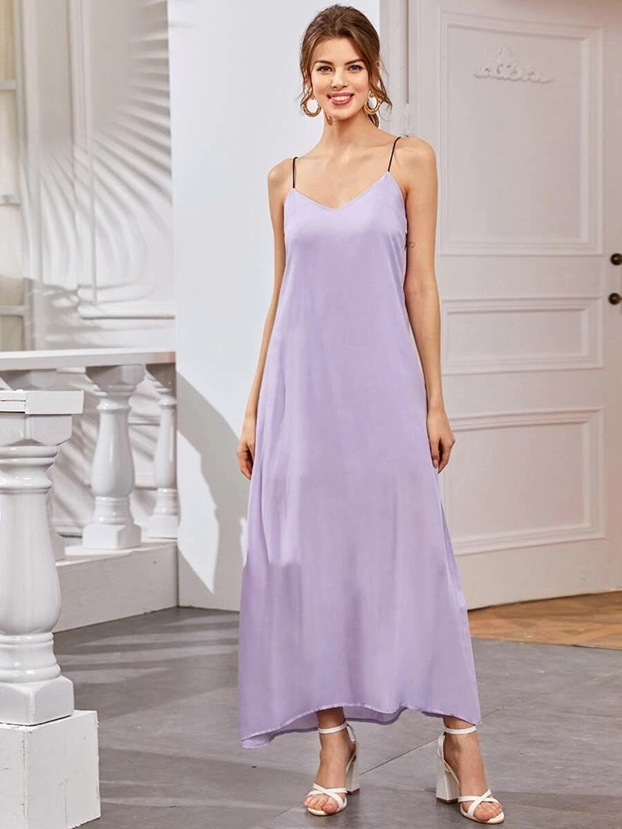 CM-DS409460 Women Casual European Style Sleeveless Solid Cami Asymmetrical Long Dress - Purple