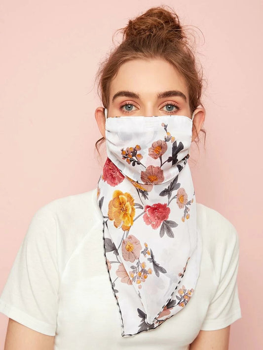CM-FS325799 Women Floral Pattern Silk Scarf Mask - White