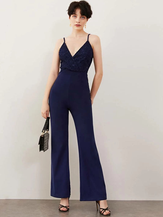 CM-JS230879 Women Elegant Seoul Style Sleeveless Lace Bodice Sheer Back Cami Jumpsuit - Navy Blue