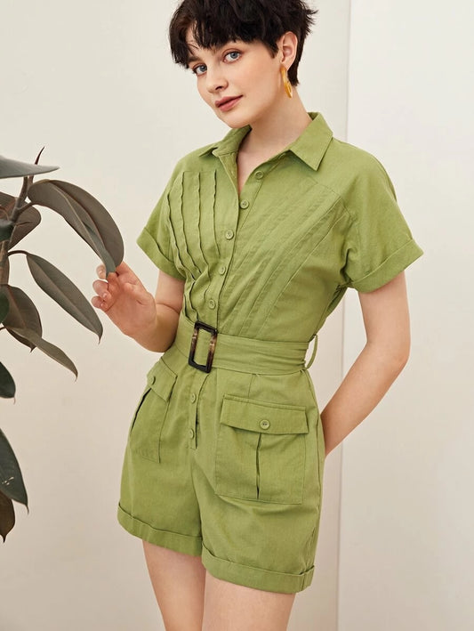CM-JS330009 Women Casual Seoul Style Flap Pocket Cuffed Shirt Romper With Buckle Belt - Green