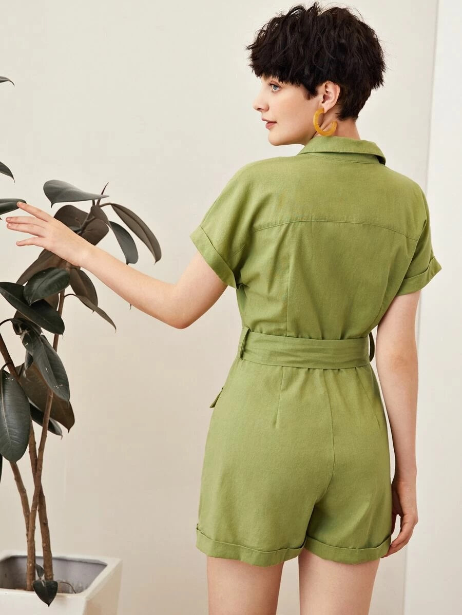 CM-JS330009 Women Casual Seoul Style Flap Pocket Cuffed Shirt Romper With Buckle Belt - Green