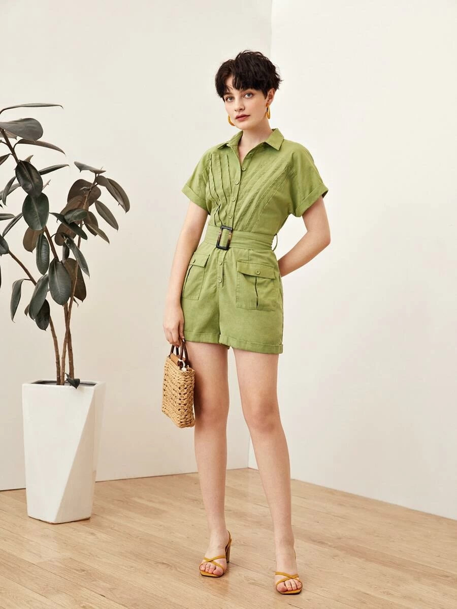CM-JS330009 Women Casual Seoul Style Flap Pocket Cuffed Shirt Romper With Buckle Belt - Green