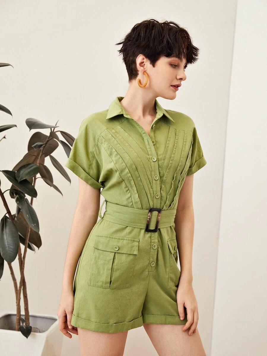CM-JS330009 Women Casual Seoul Style Flap Pocket Cuffed Shirt Romper With Buckle Belt - Green