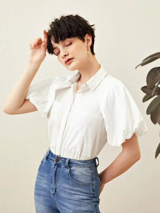 CM-TS312671 Women Casual Seoul Style Collar Puff Short Sleeve Patch Pocket Blouse - White
