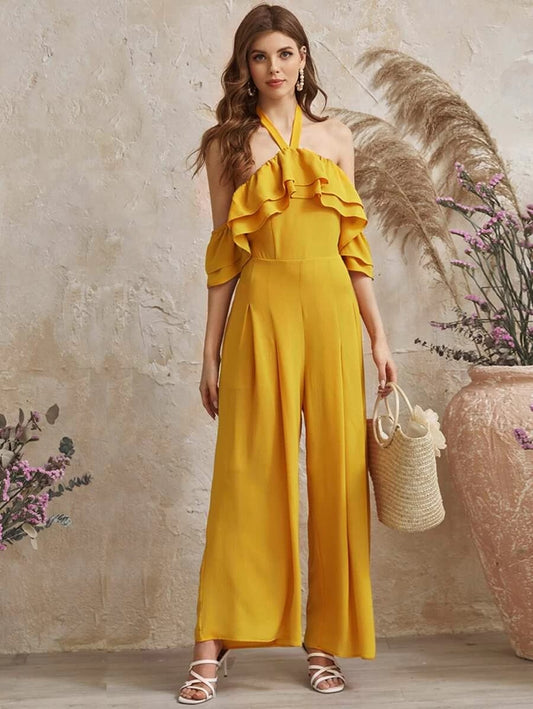 CM-JS316400 Women Elegant Seoul Style Halter Off Shoulder Layered Ruffle Trim Palazzo Jumpsuit - Yellow