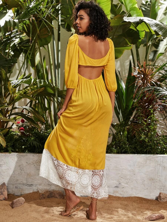 CM-DS410836 Women Trendy Bohemian Style Cut Out Back Lace and Embroidered Mesh Insert Dress