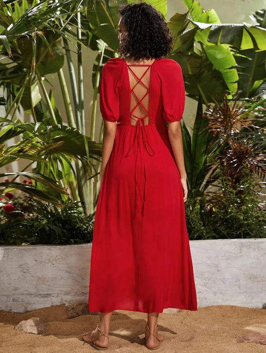 CM-DS410916 Women Elegant Seoul Style Crisscross Tie Back Raglan Sleeve A-Line Maxi Dress - Red