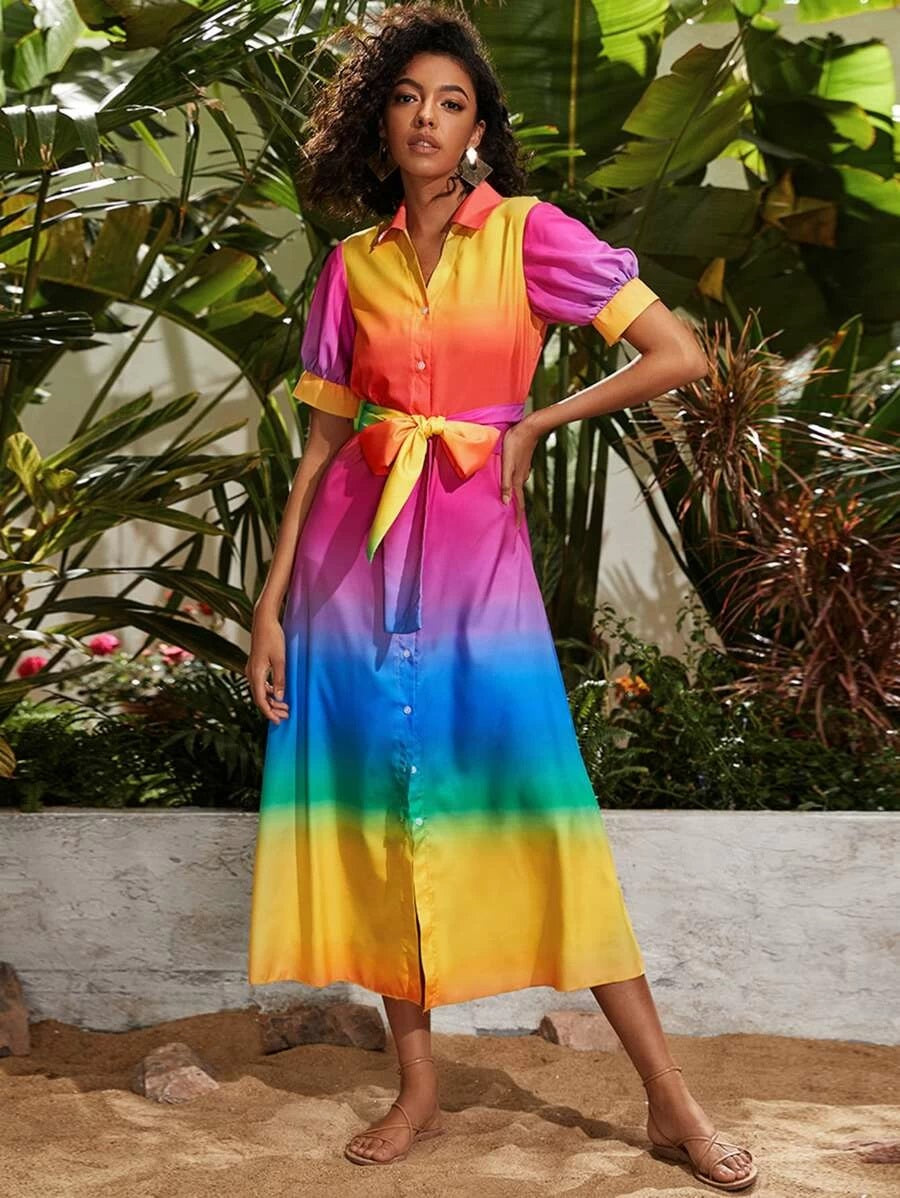 CM-DS410048 Women Elegant Seoul Style Multi-Color Random Puff Sleeve Belted Shirt Dress
