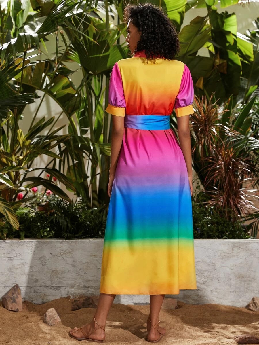 CM-DS410048 Women Elegant Seoul Style Multi-Color Random Puff Sleeve Belted Shirt Dress