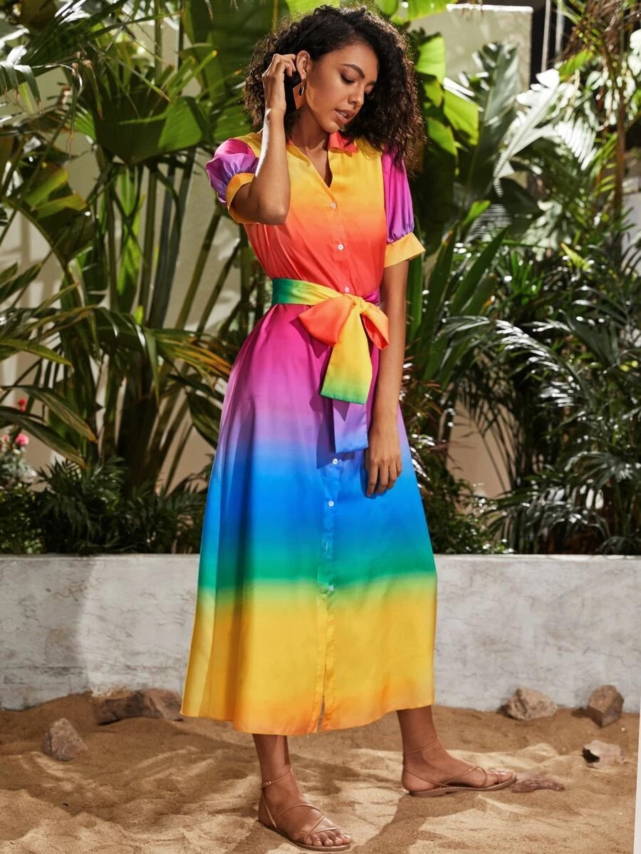 CM-DS410048 Women Elegant Seoul Style Multi-Color Random Puff Sleeve Belted Shirt Dress