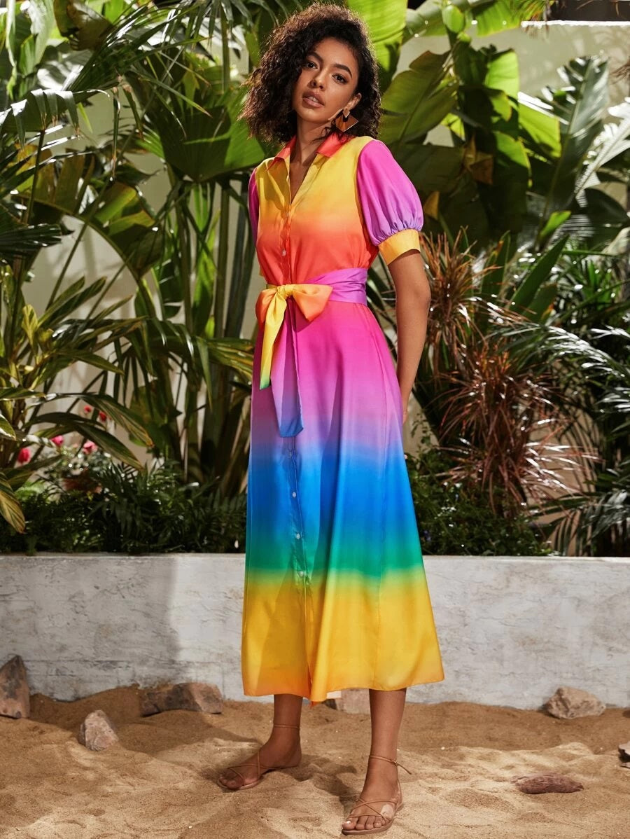 CM-DS410048 Women Elegant Seoul Style Multi-Color Random Puff Sleeve Belted Shirt Dress