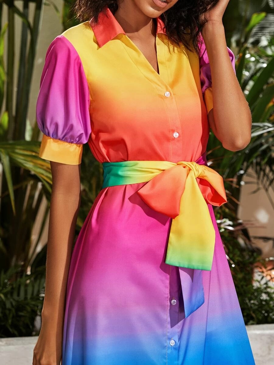 CM-DS410048 Women Elegant Seoul Style Multi-Color Random Puff Sleeve Belted Shirt Dress