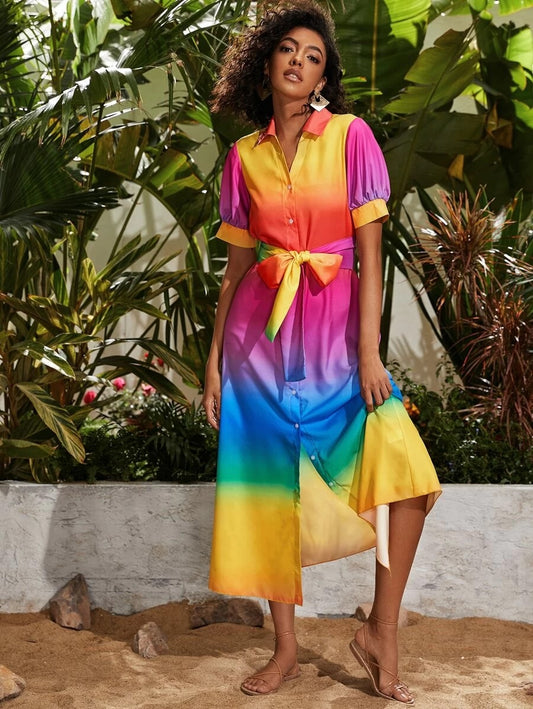 CM-DS410048 Women Elegant Seoul Style Multi-Color Random Puff Sleeve Belted Shirt Dress