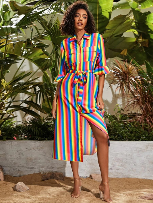 CM-DS416239 Women Casual Seoul Style Ruffle Hem Flap Pocket Belted Rainbow Striped Dress