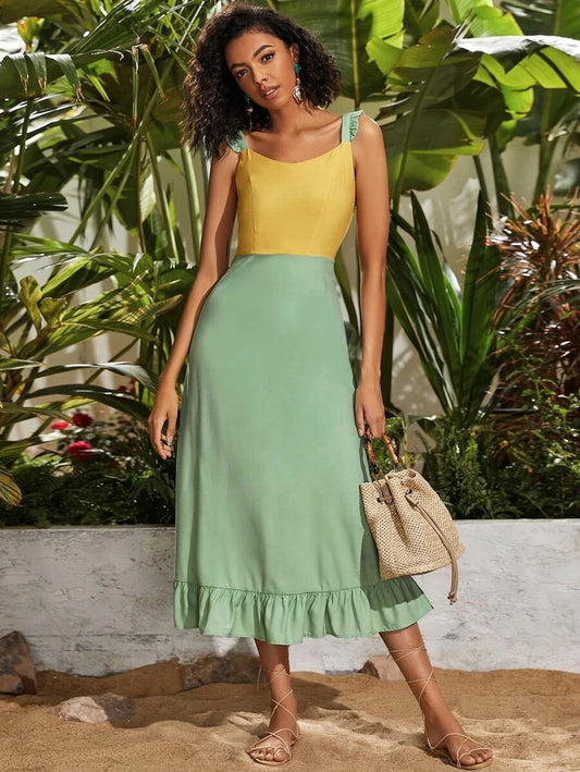 CM-DS416163 Women Elegant Seoul Style Sleeveless Strap Zip Back Two Tone Ruffle Hem Dress