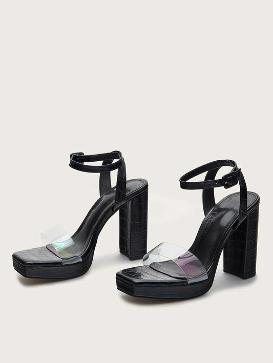CM-SHS421646 Women Elegant Seoul Style Clear Open Toe Ankle Strap Chunky Heels - Black