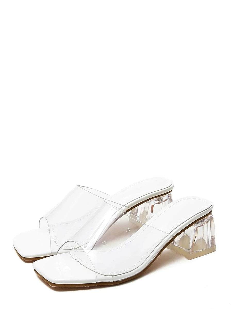 CM-SHS421556 Women Elegant Seoul Style Clear Chunky Heeled Mules - White