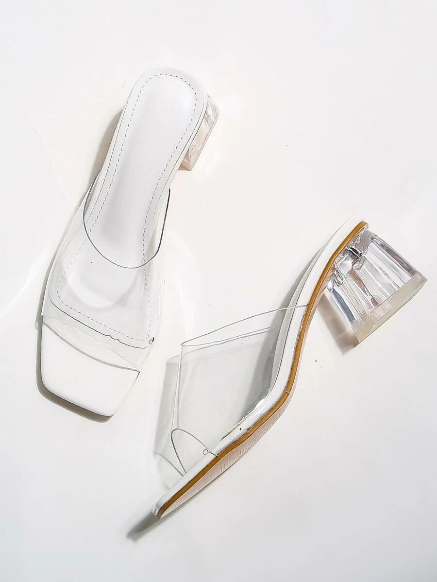 CM-SHS421556 Women Elegant Seoul Style Clear Chunky Heeled Mules - White