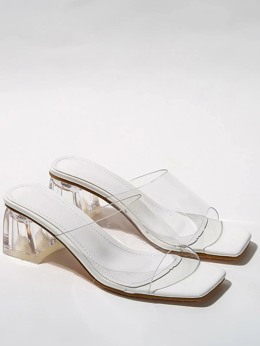 CM-SHS421556 Women Elegant Seoul Style Clear Chunky Heeled Mules - White