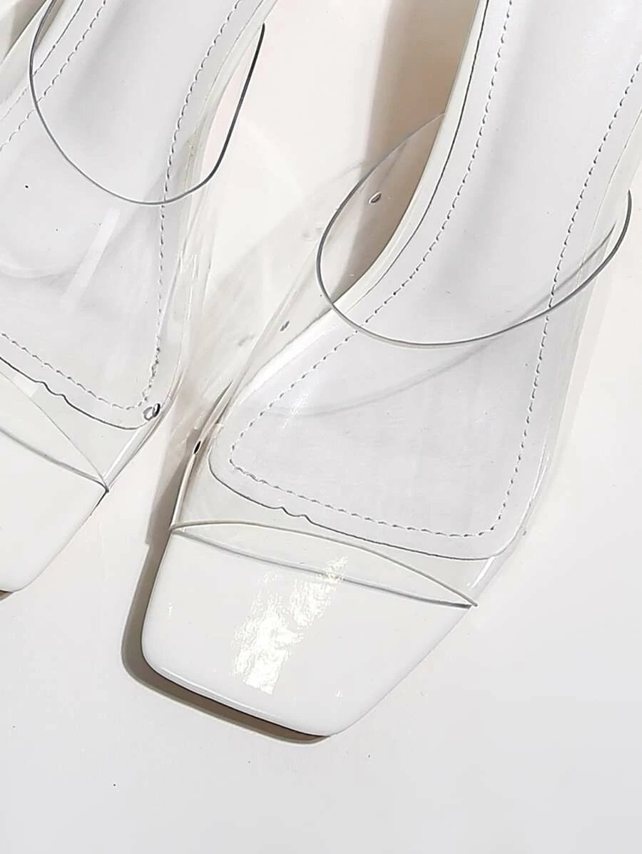 CM-SHS421556 Women Elegant Seoul Style Clear Chunky Heeled Mules - White