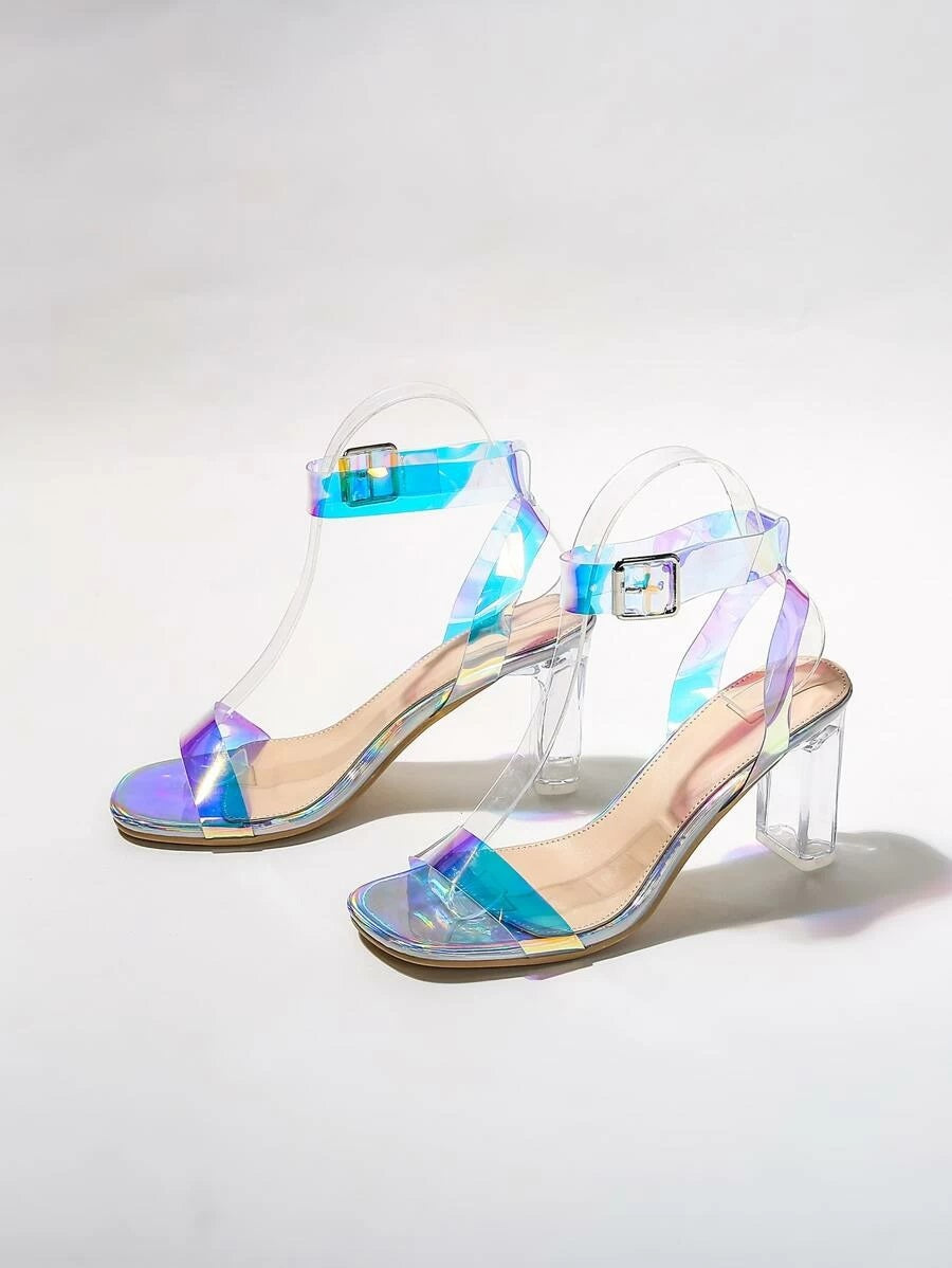CM-SHS421492 Women Elegant Seoul Style Holographic Open Toe Ankle Strap Heels