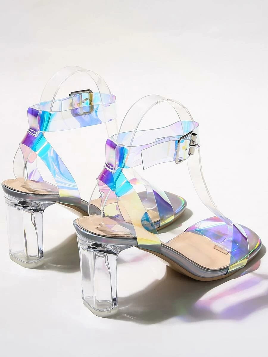 CM-SHS421492 Women Elegant Seoul Style Holographic Open Toe Ankle Strap Heels